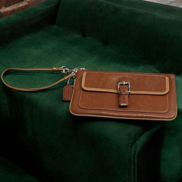 Vintage Coach Brown & Tan leather Wristlet with Zip top and Snap pouch - Picture 2 of 12